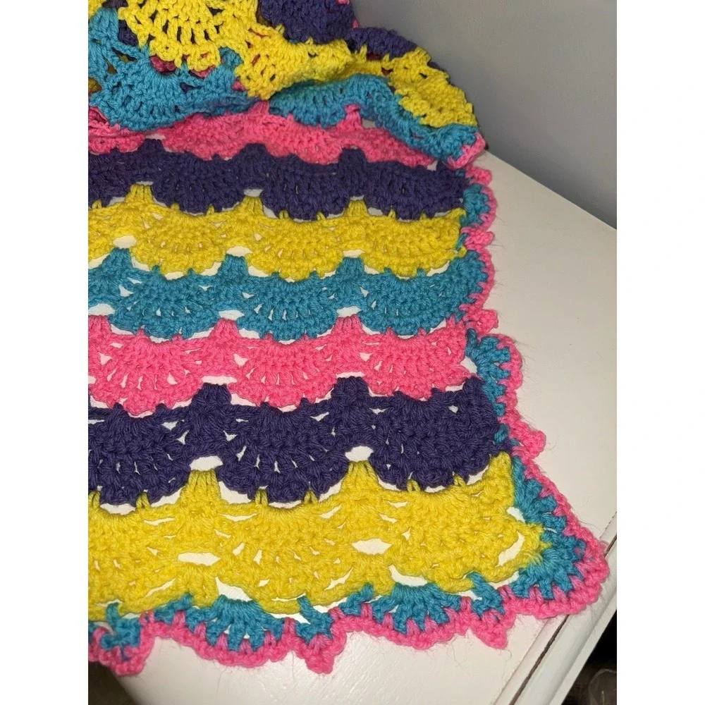 Handmade crochet baby blanket scalloped edge colorful striped 44x52